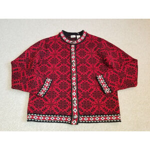 VINTAGE Womens Sweater-L.L. BEAN-red/navy Nordic Kingsfield cotton cardigan-M